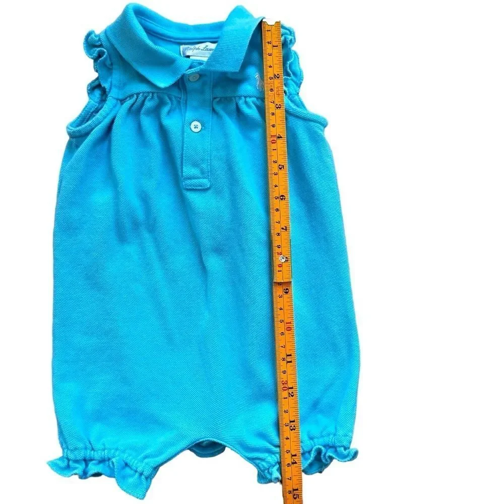 Ralph Lauren Baby Girl Sleeveless Blue Collar One Piece Ruffle Outfit. 6 Months.